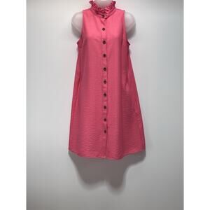 Boho Chic Button Back Pink Sheath Sleeveless Dress Ruffled Collar Women’s S